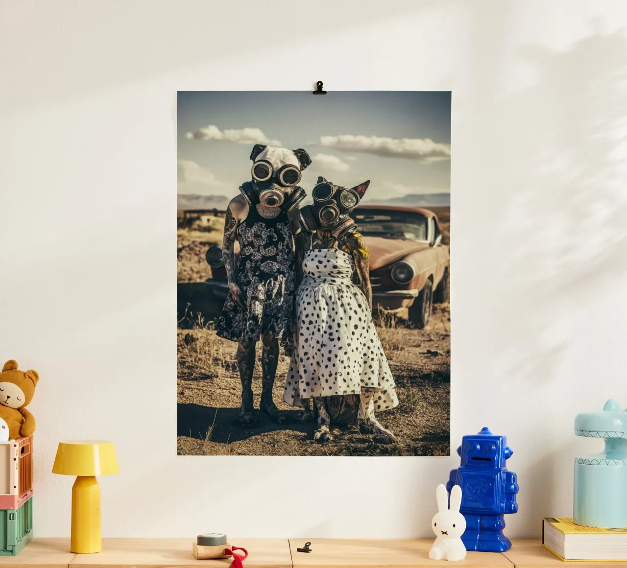 Bonnie & Clyde, Bombay Beach, Californie poster con telaio in legno da Affiches Chien Originales – Dogland