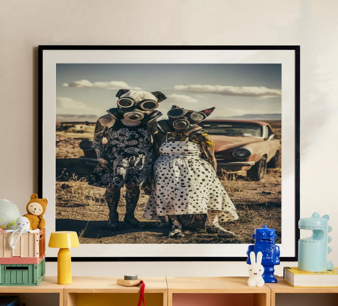 Bonnie & Clyde, Bombay Beach, Californie poster con telaio in legno da Affiches Chien Originales – Dogland