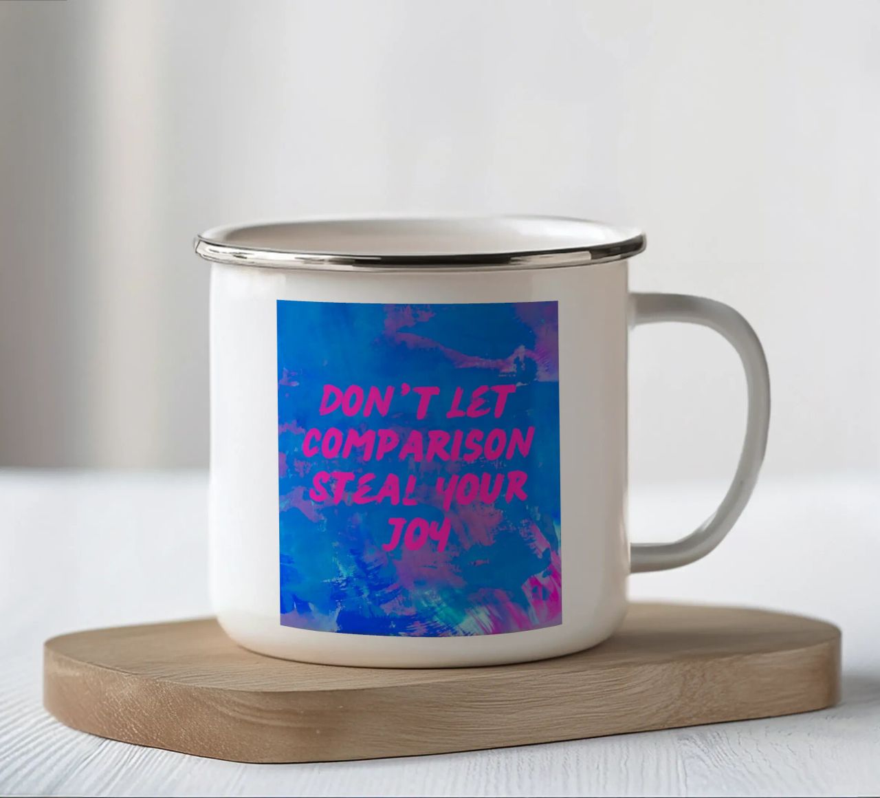 'Don't Let Comparison Steal Your Joy' Colorful Abstract tazza in smalto da FABOArt
