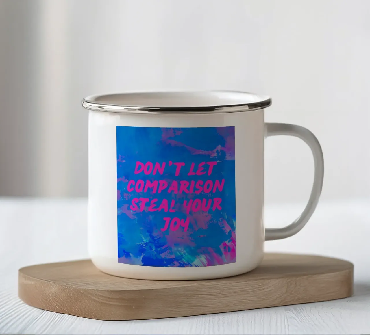 'Don't Let Comparison Steal Your Joy' Colorful Abstract mug en émail de FABOArt