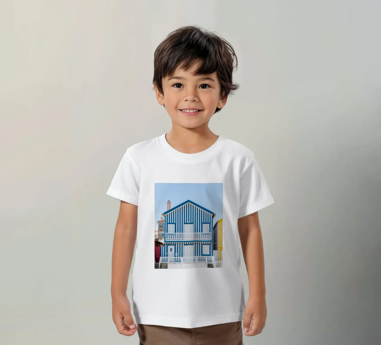 Aveiro, Striped house idyll kids t-shirt by Carinaprint