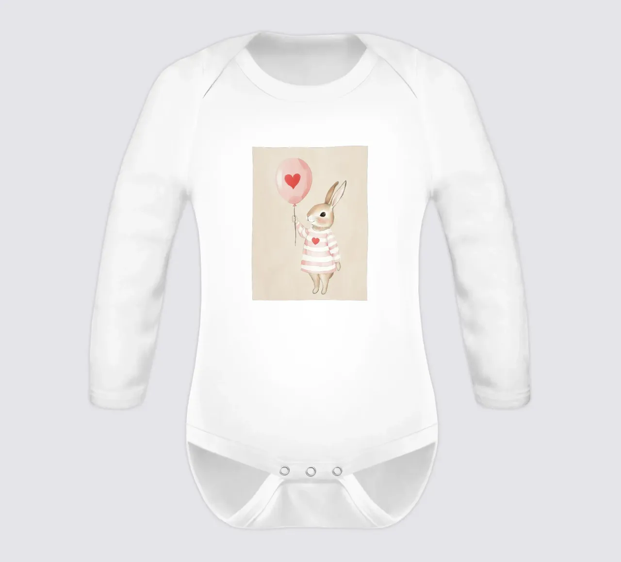 Bunny with heart balloon long-sleeve baby romper by Carinaprint
