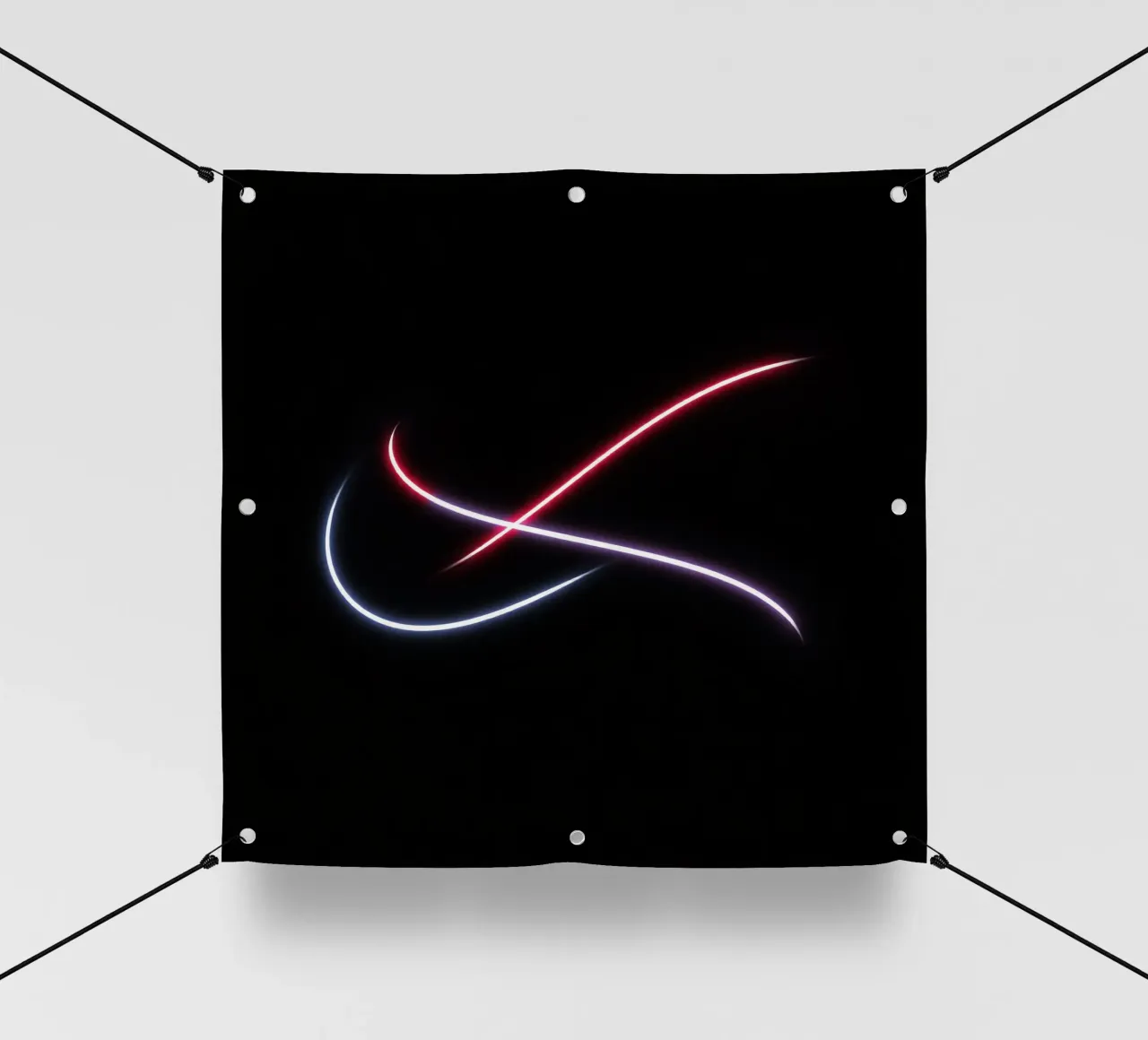 Scie luminose astratte in rosso, bianco e blu su nero telo in pvc da DesignDoodle
