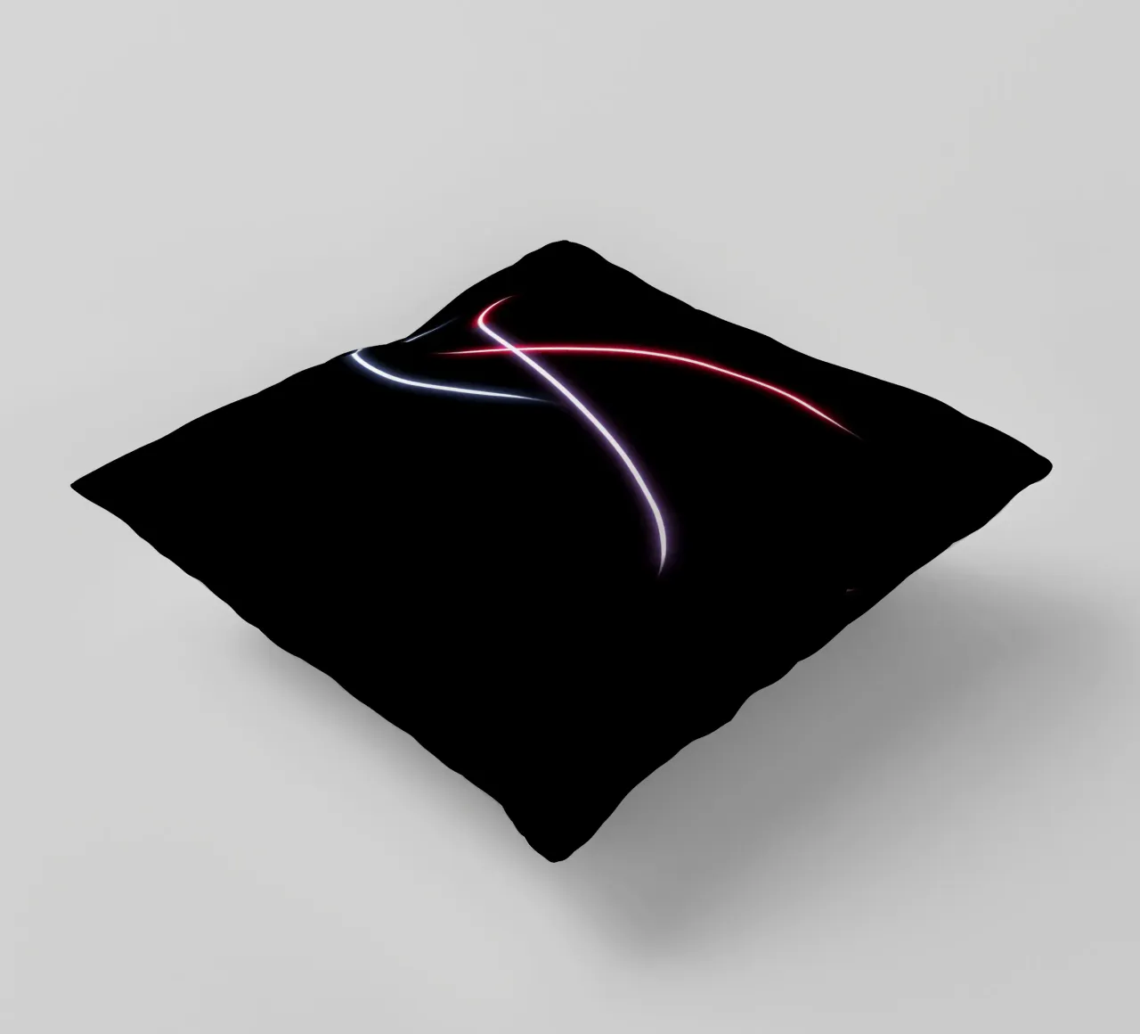Scie luminose astratte in rosso, bianco e blu su nero cuscino da DesignDoodle