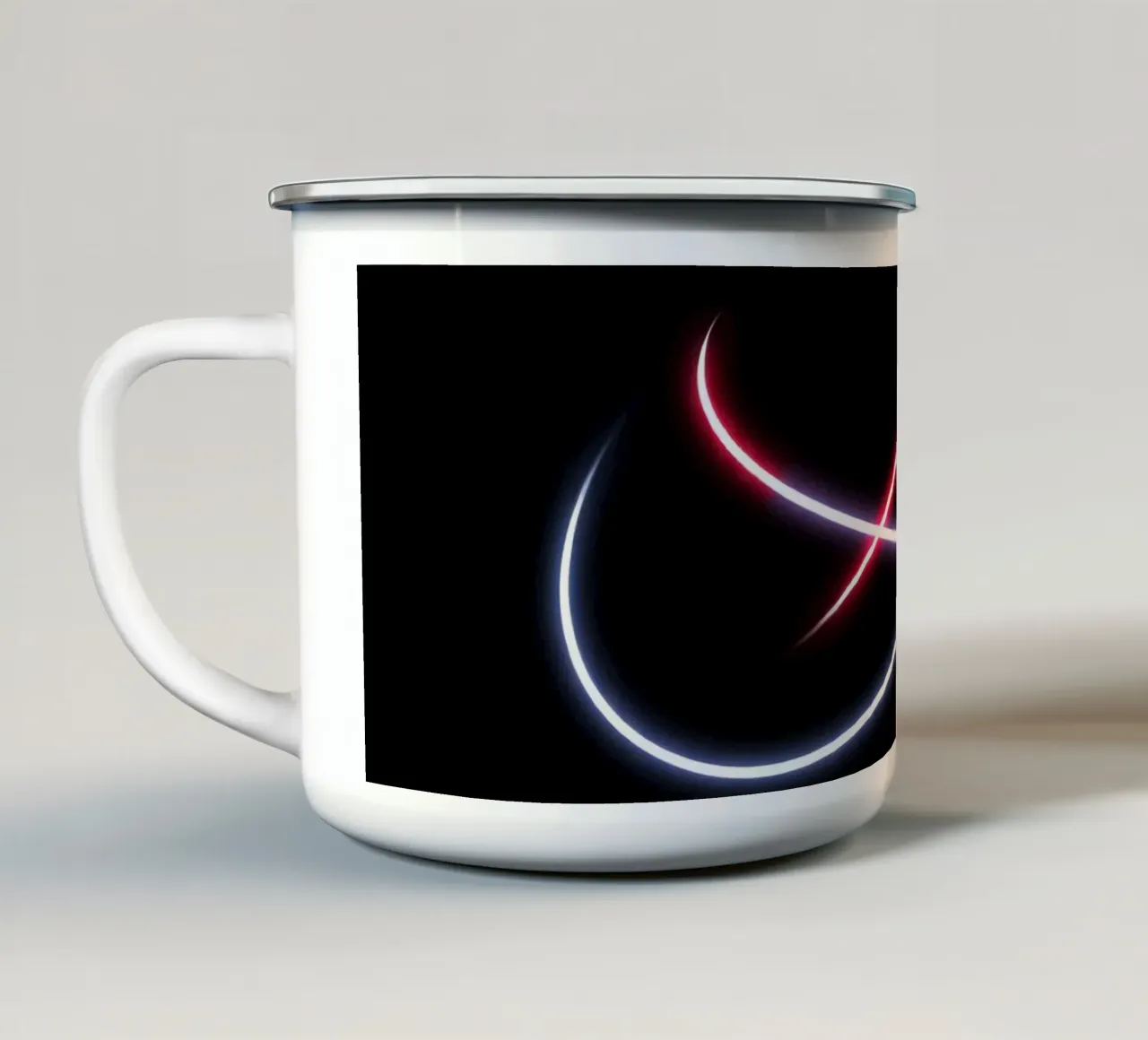 Scie luminose astratte in rosso, bianco e blu su nero tazza in smalto da DesignDoodle