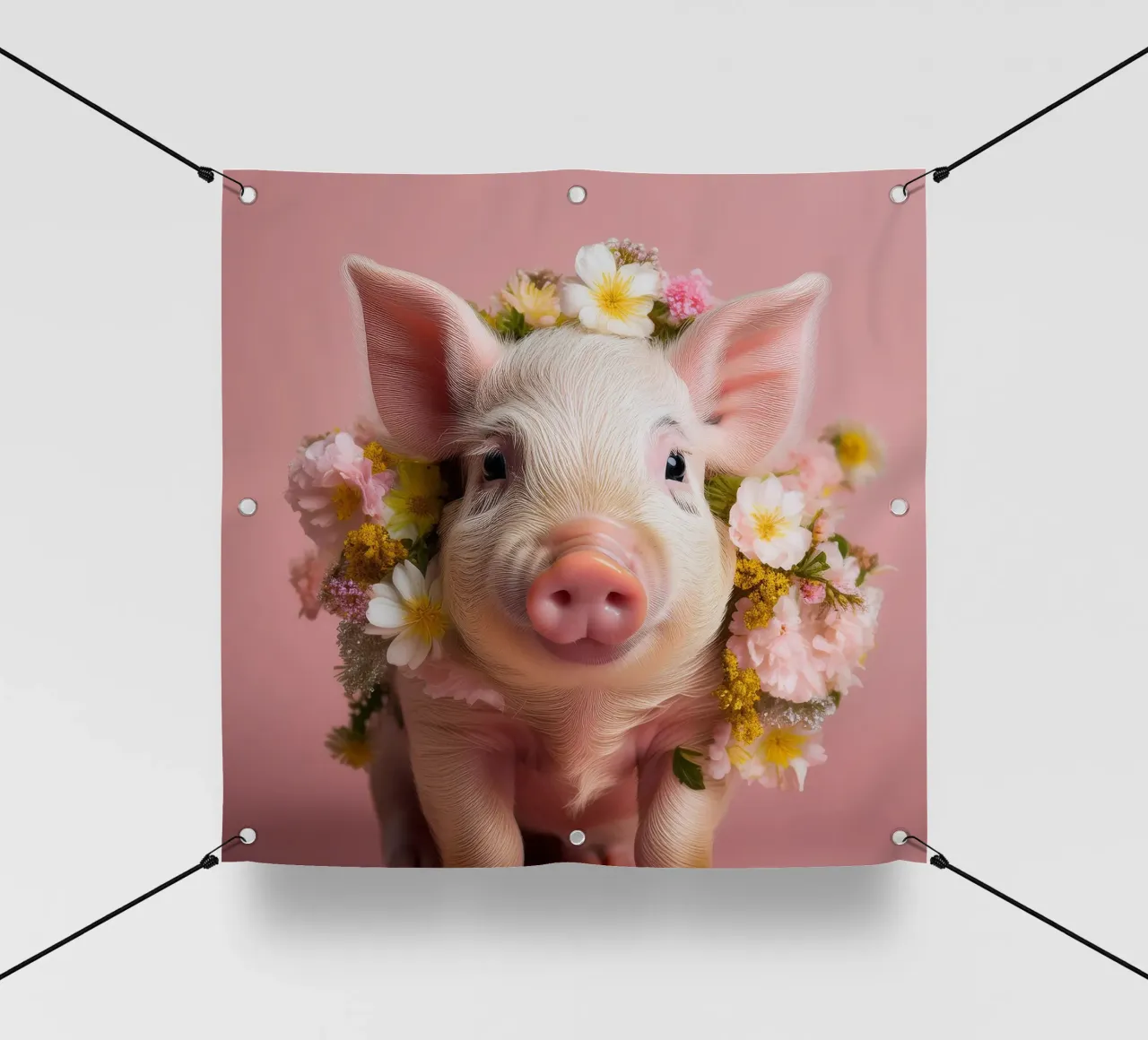 Cochon enjoué avec une couronne de fleurs Œuvre d'art dans les tons pastel bâche pvc de FlexiDesignsByK