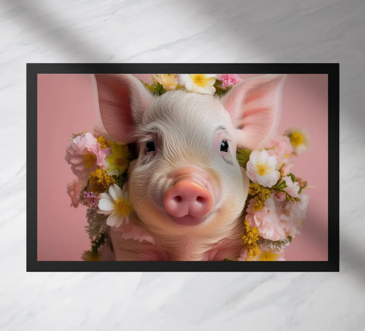 Cochon enjoué avec une couronne de fleurs Œuvre d'art dans les tons pastel paillasson de FlexiDesignsByK