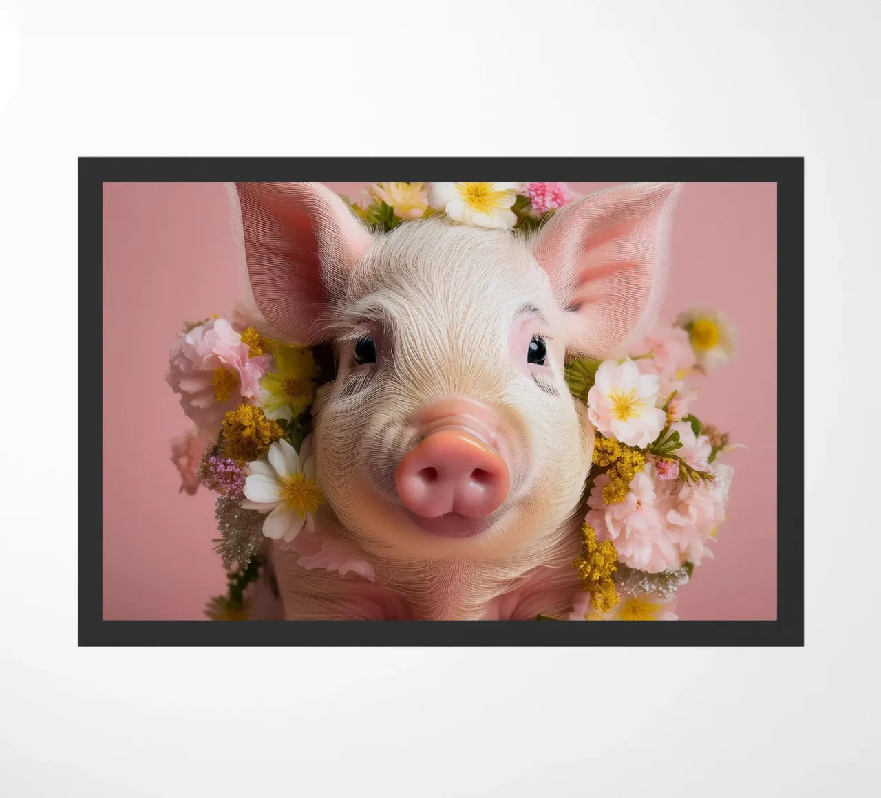 Cochon enjoué avec une couronne de fleurs Œuvre d'art dans les tons pastel paillasson de FlexiDesignsByK