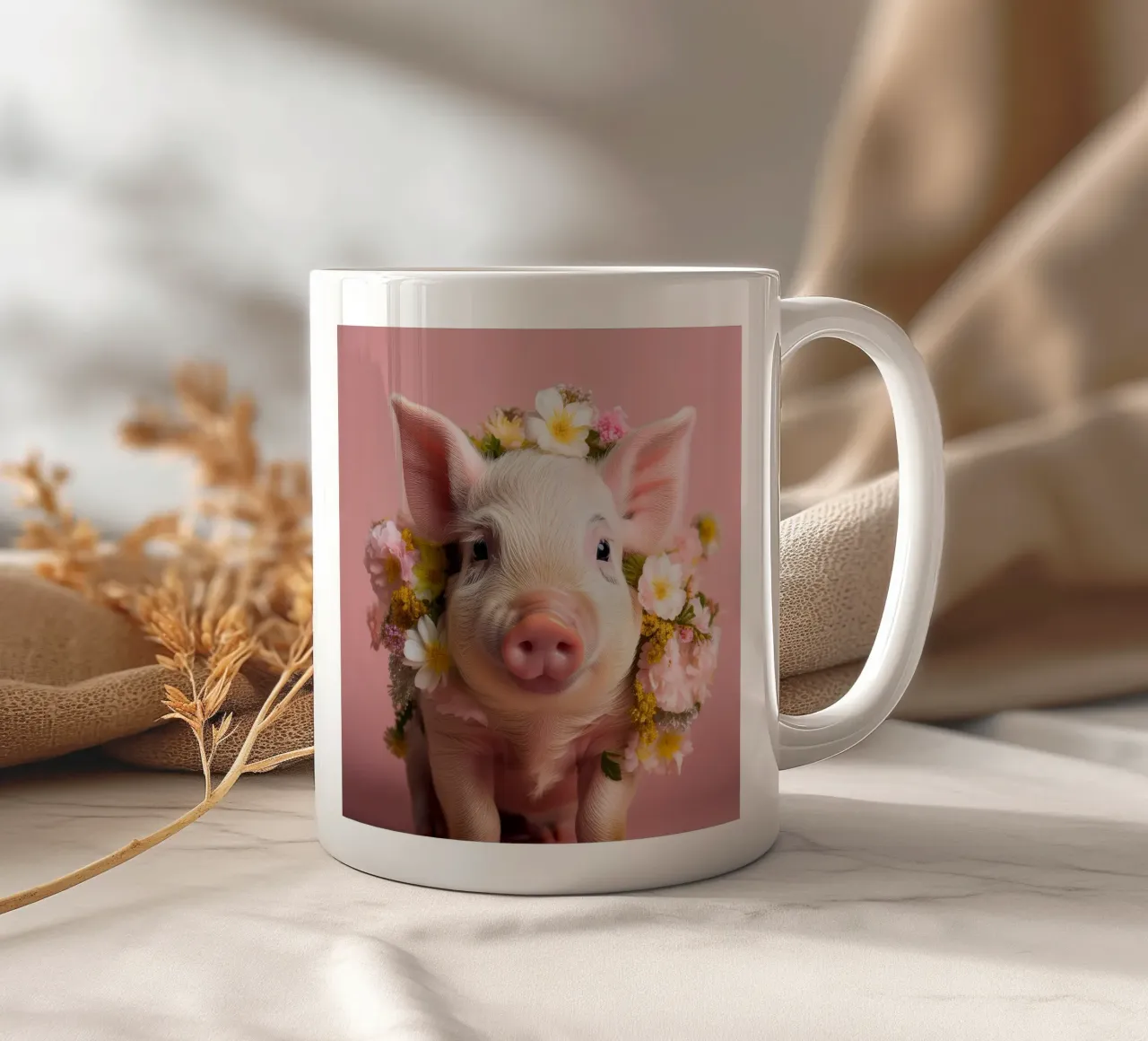 Cochon enjoué avec une couronne de fleurs Œuvre d'art dans les tons pastel mug en céramique de FlexiDesignsByK