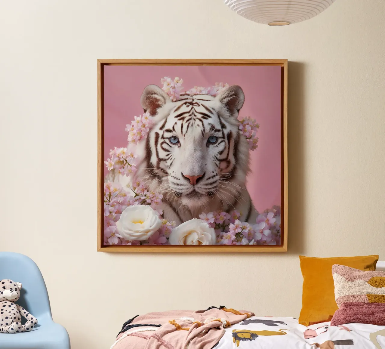 Majestueuze witte tijger met bloeiende bloemenprint canvas met Baklijst van FlexiDesignsByK