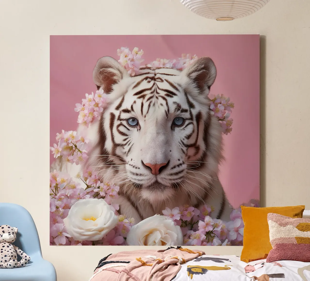Majestueuze witte tijger met bloeiende bloemenprint canvas met Baklijst van FlexiDesignsByK