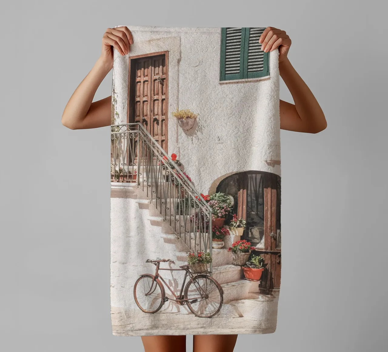 Puglia, Italy I Bicycle in front of the flower house towel by Julie Travel Photography