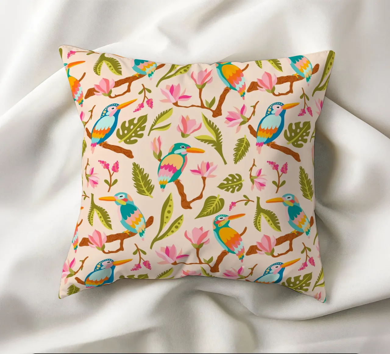 Kingfishers and magnolia patterns in pastel colours decorative cushion by CoelfenArt