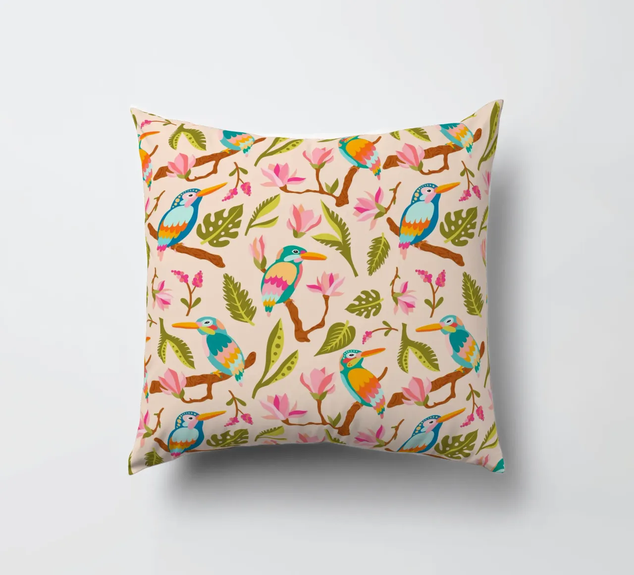 Kingfishers and magnolia patterns in pastel colours decorative cushion by CoelfenArt