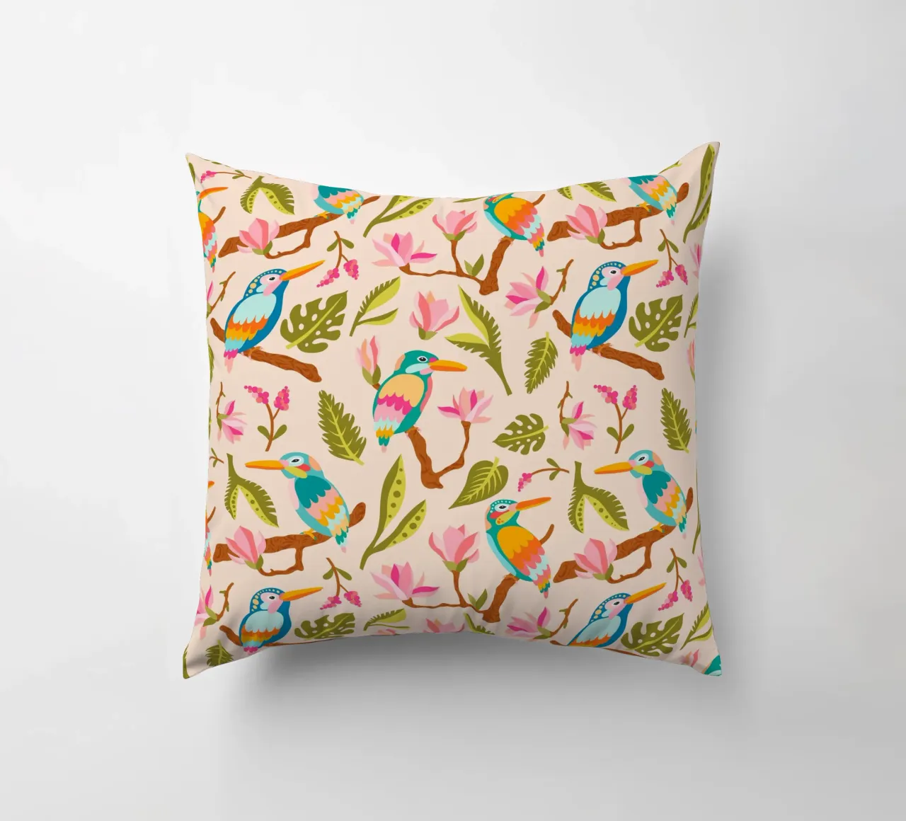 Kingfishers and magnolia patterns in pastel colours decorative cushion by CoelfenArt