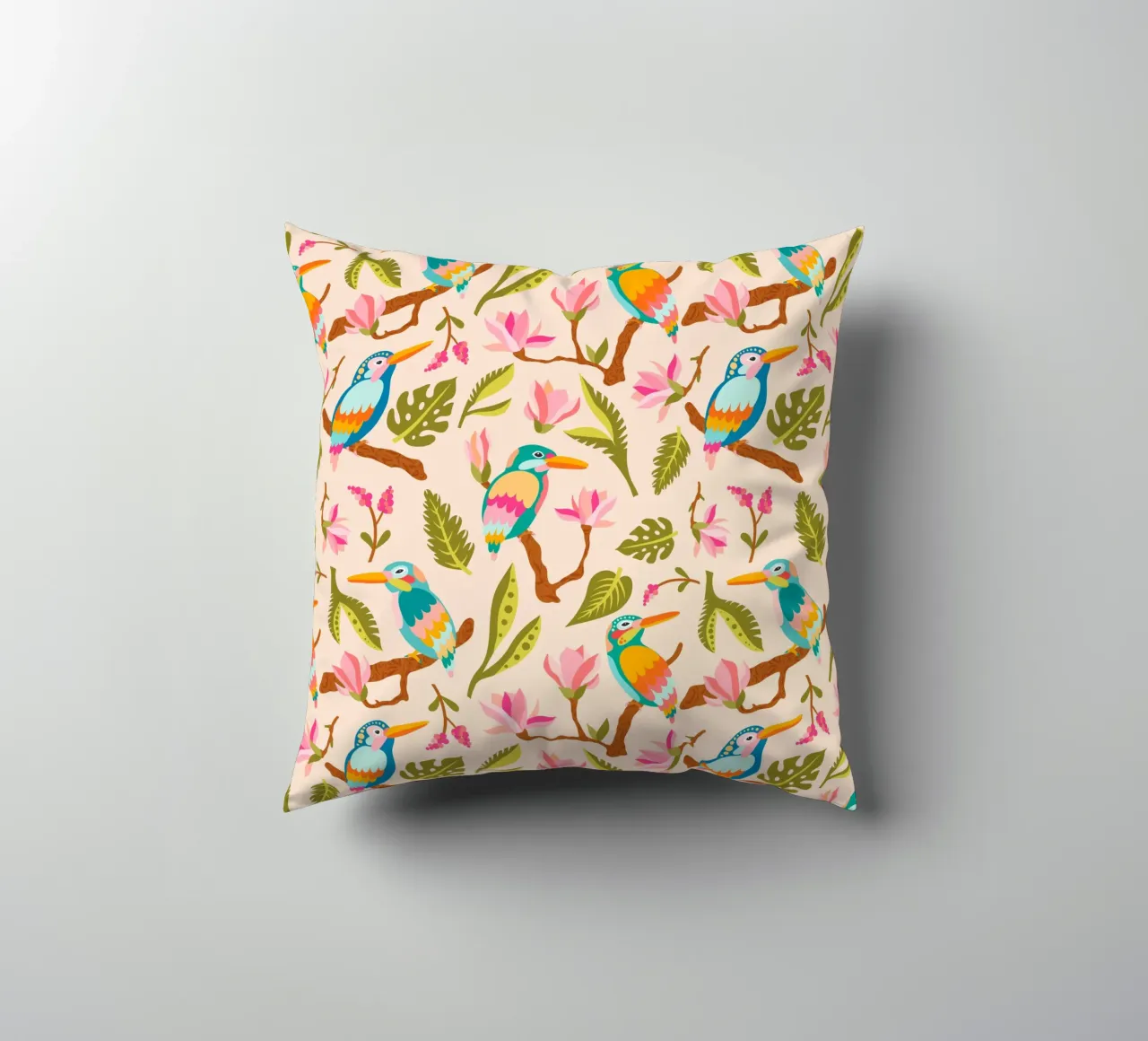 Kingfishers and magnolia patterns in pastel colours decorative cushion by CoelfenArt