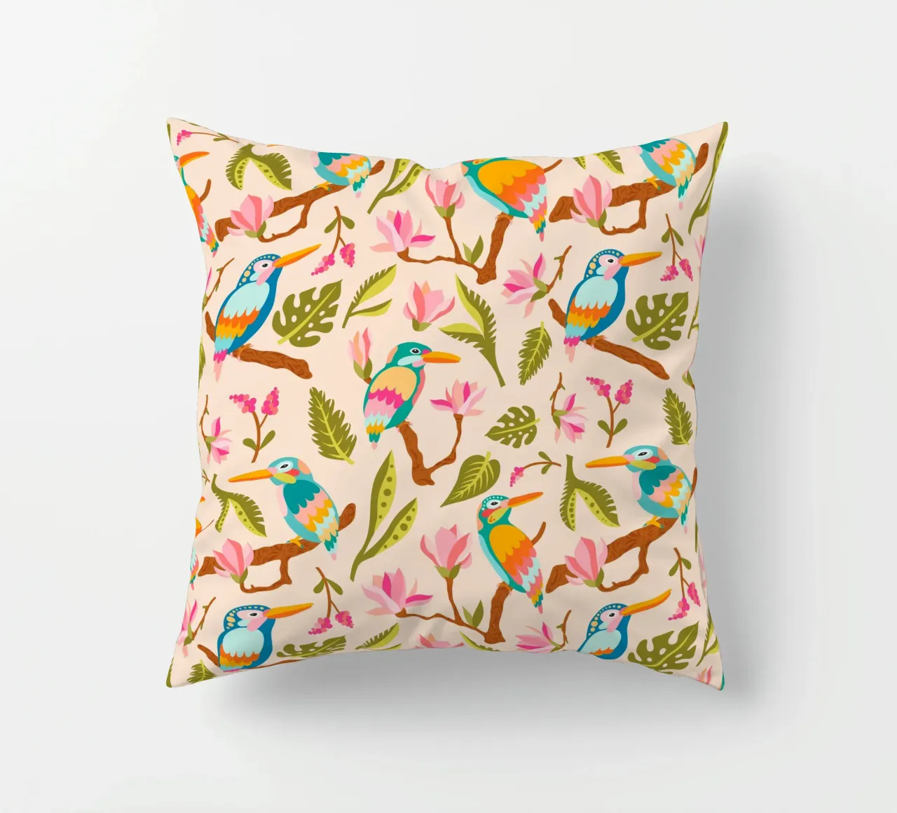 Kingfishers and magnolia patterns in pastel colours decorative cushion by CoelfenArt
