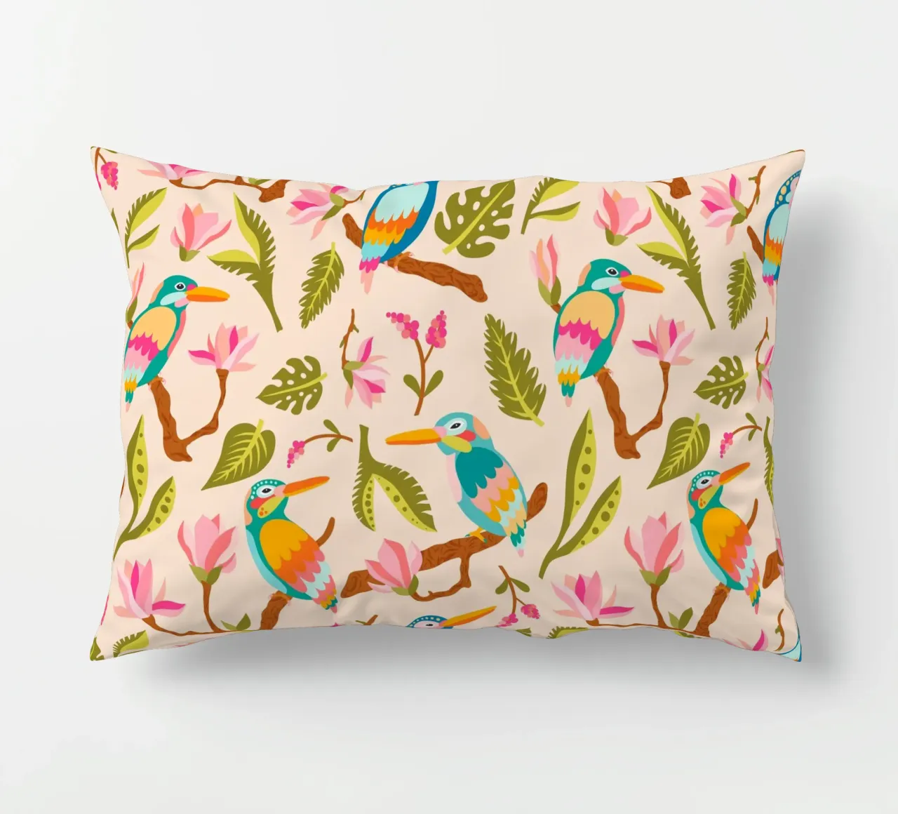 Kingfishers and magnolia patterns in pastel colours decorative cushion by CoelfenArt