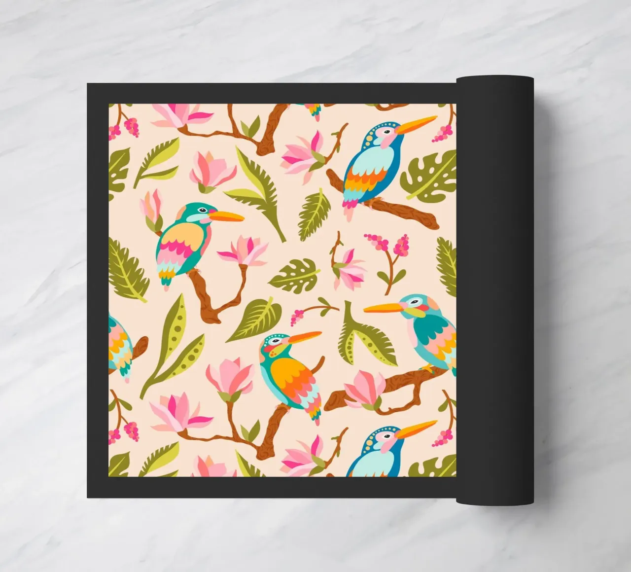 Kingfishers and magnolia patterns in pastel colours doormat by CoelfenArt