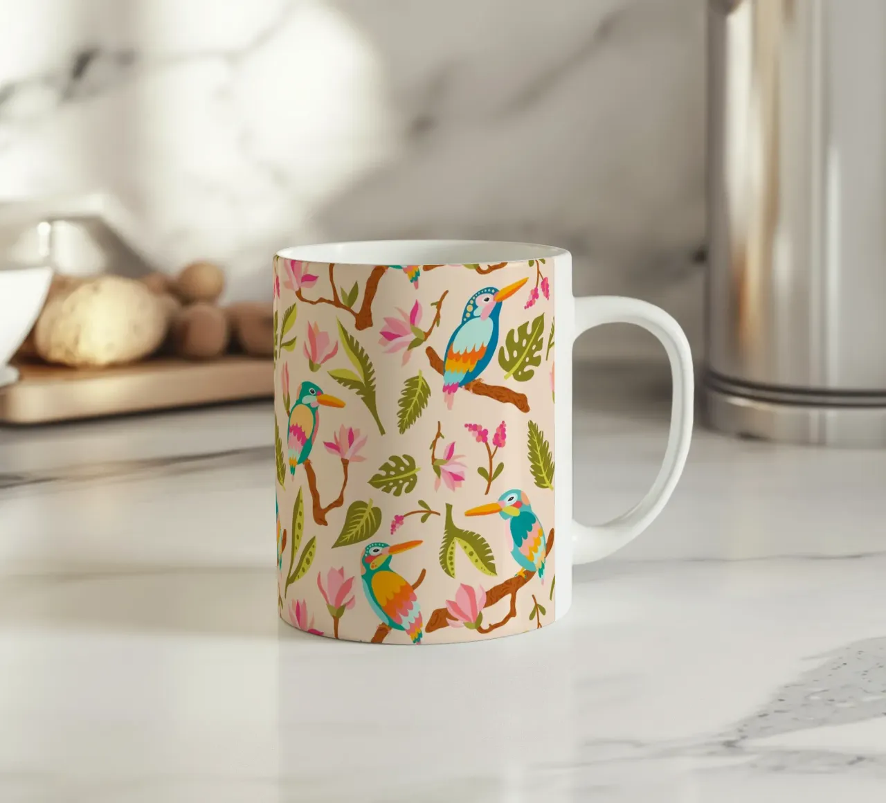 Fantasie di martin pescatori e magnolie in colori pastello tazza in ceramica da CoelfenArt