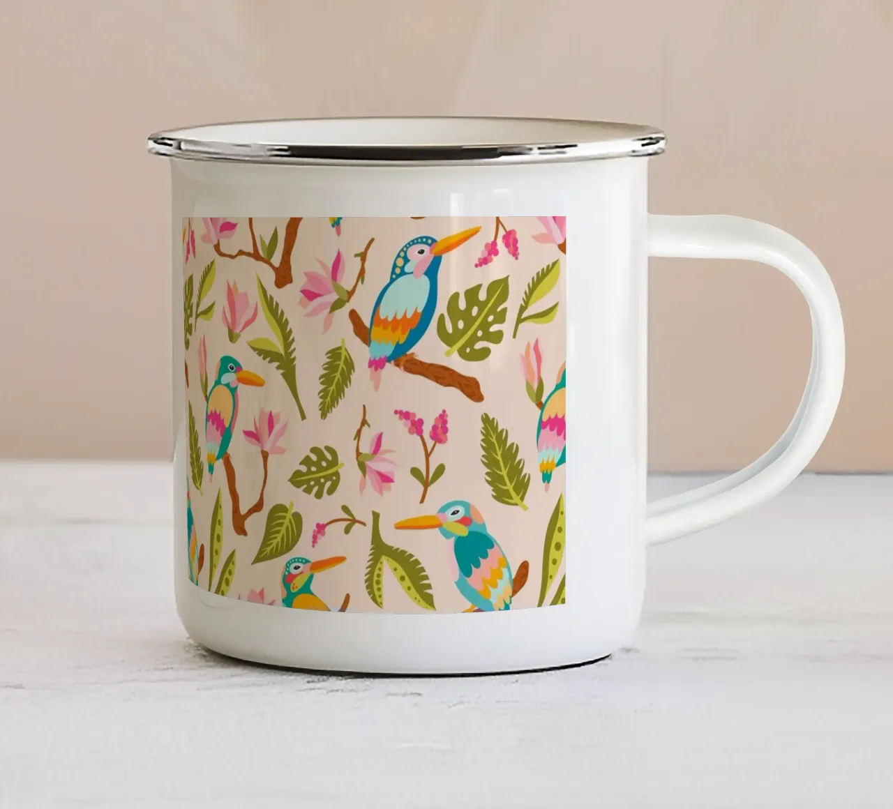 Fantasie di martin pescatori e magnolie in colori pastello tazza in smalto da CoelfenArt