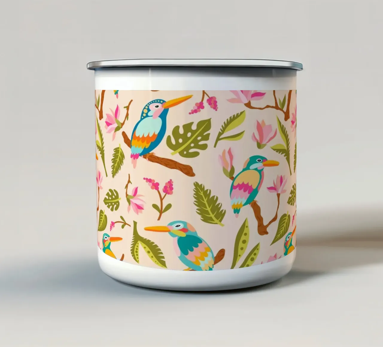 Fantasie di martin pescatori e magnolie in colori pastello tazza in smalto da CoelfenArt