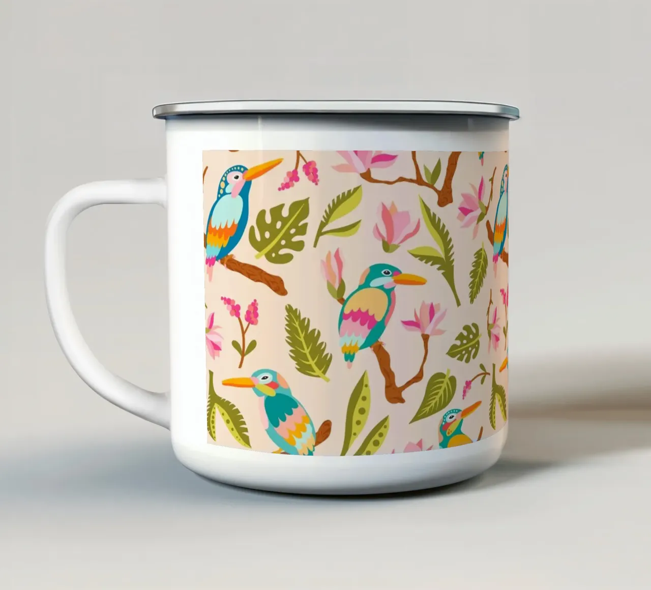 Fantasie di martin pescatori e magnolie in colori pastello tazza in smalto da CoelfenArt