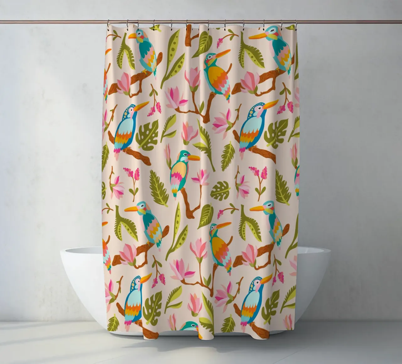 Kingfishers and magnolia patterns in pastel colours shower curtain by CoelfenArt