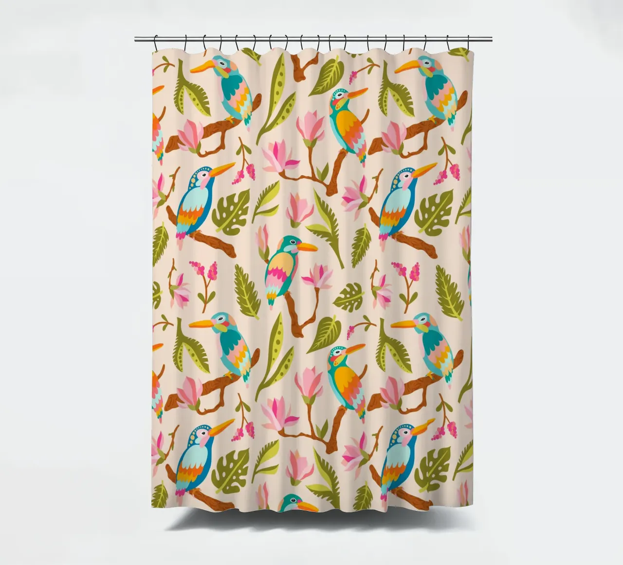 Kingfishers and magnolia patterns in pastel colours shower curtain by CoelfenArt