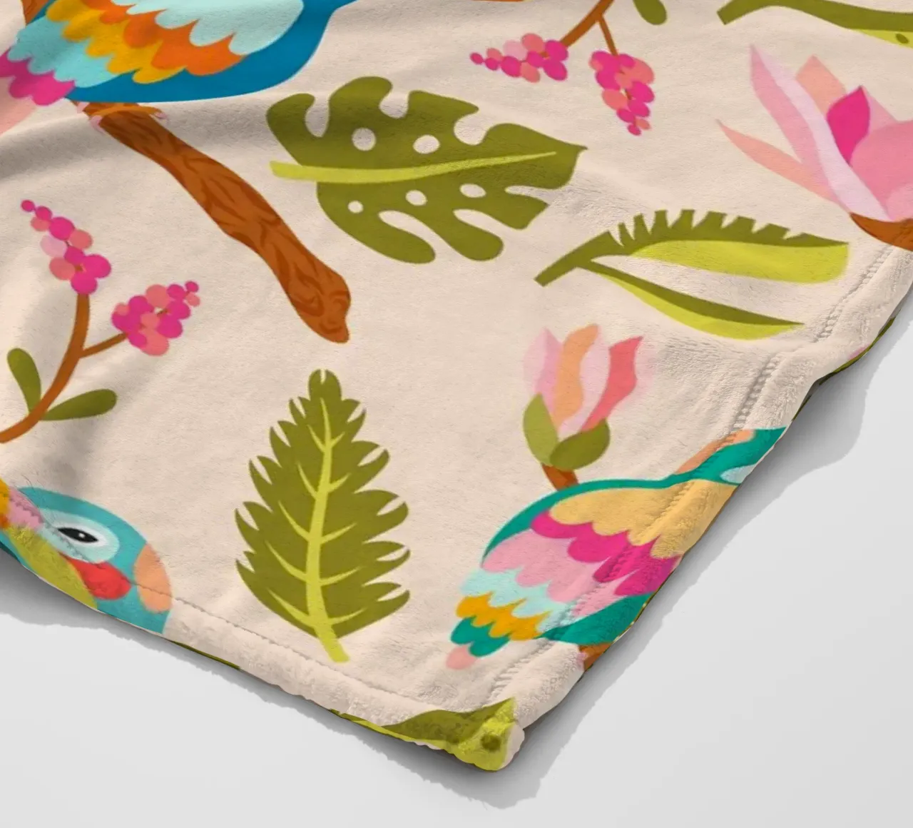 Kingfishers and magnolia patterns in pastel colours fleece blanket by CoelfenArt