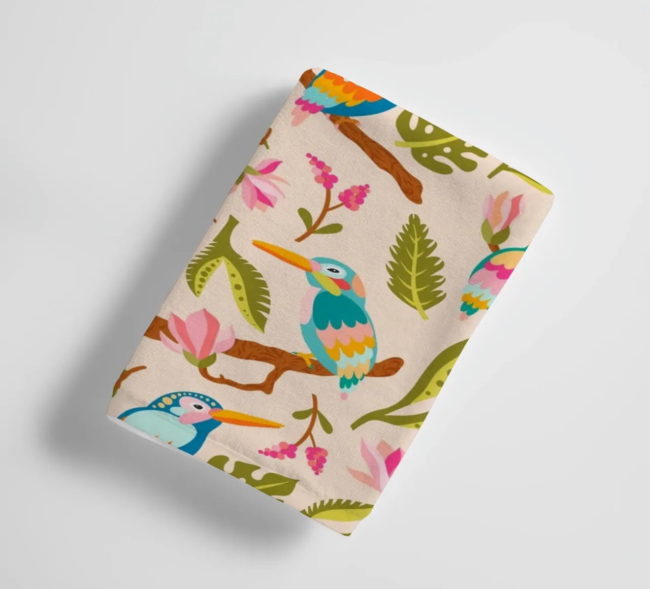 Kingfishers and magnolia patterns in pastel colours towel by CoelfenArt