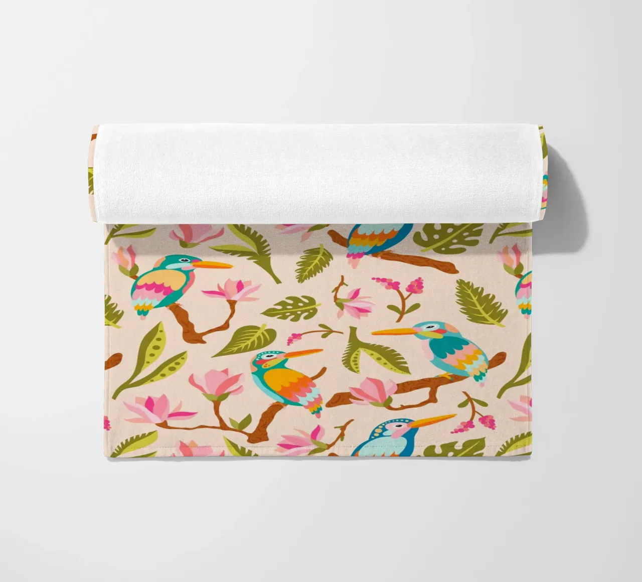 Kingfishers and magnolia patterns in pastel colours beach towel by CoelfenArt