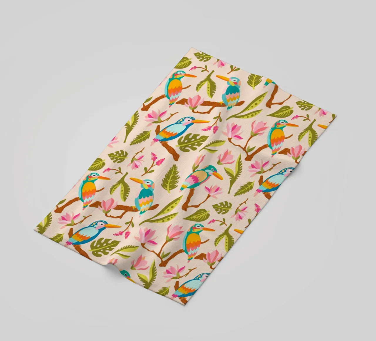 Kingfishers and magnolia patterns in pastel colours beach towel by CoelfenArt