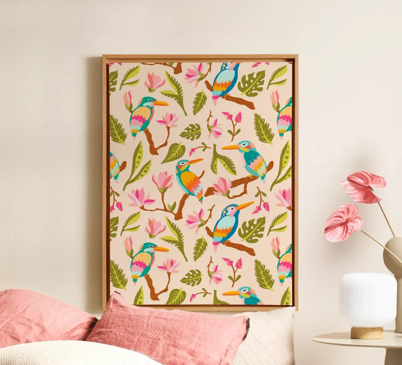 Kingfishers and magnolia patterns in pastel colours canvas by CoelfenArt