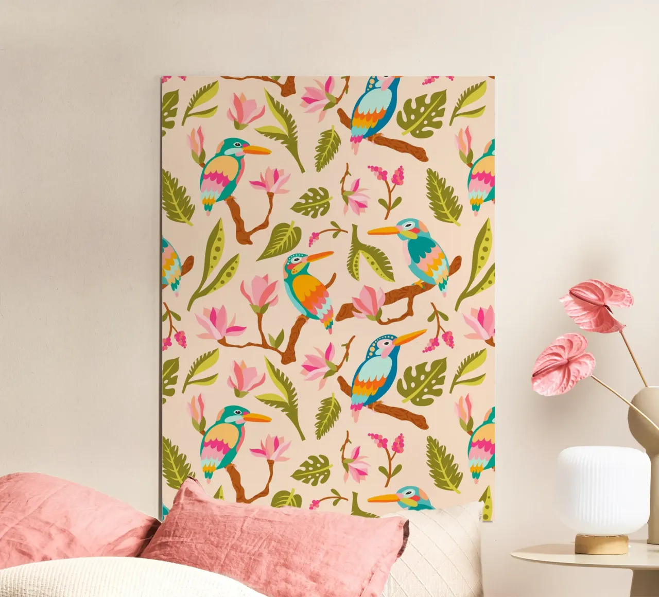 Kingfishers and magnolia patterns in pastel colours hahnemühle by CoelfenArt