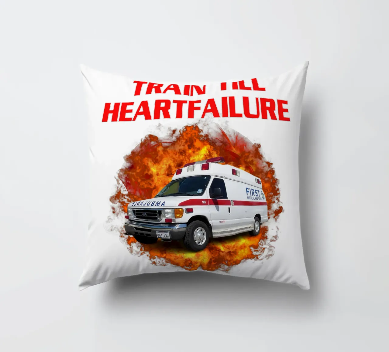 Train Till Heartfailure Humor Funny art design cuscino da kaiyaraiya