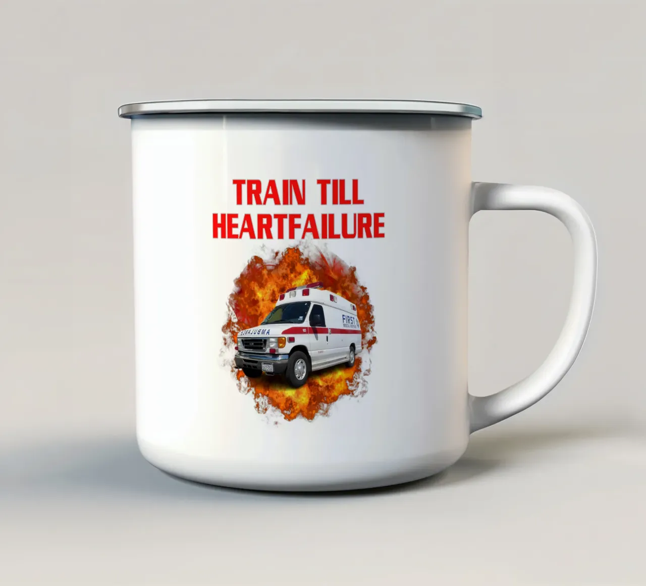 Train Till Heartfailure Humor Funny art design tazza in smalto da kaiyaraiya