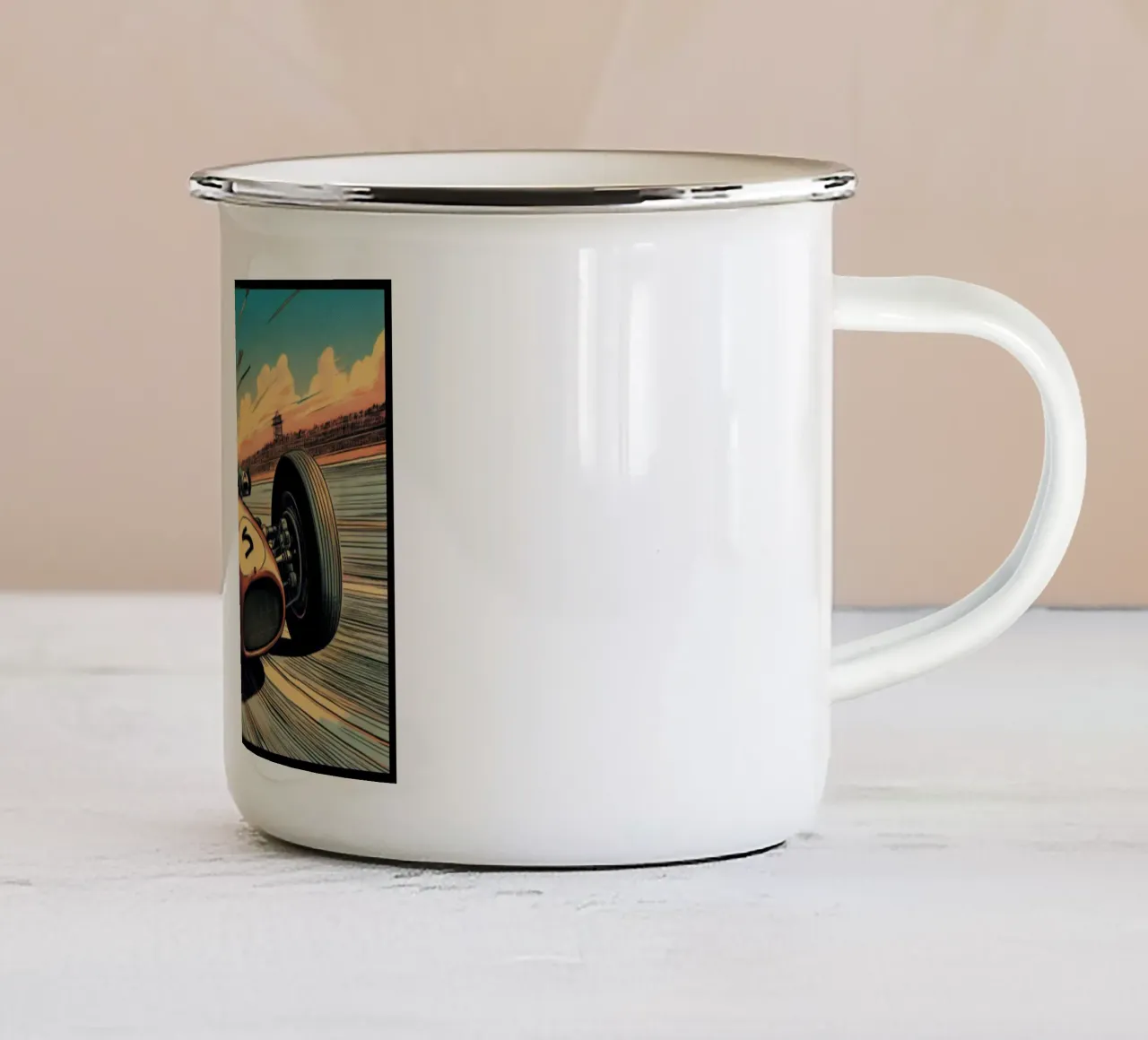the Race - Vintage Poster Print enamel mug by posterprints-by-nomad