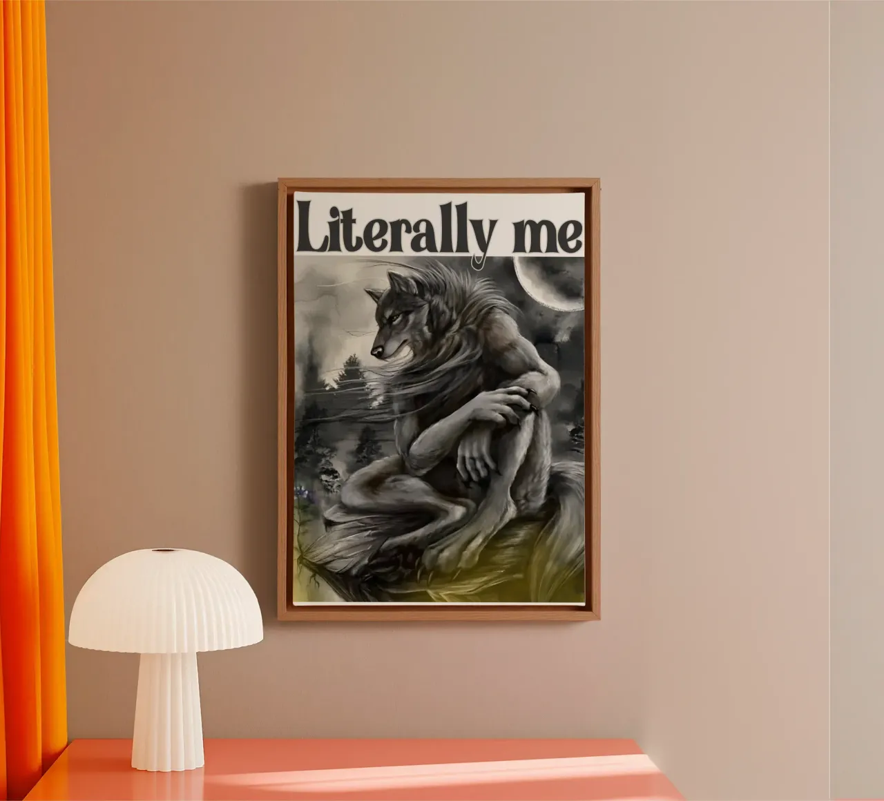 Zittende Wolf Meme Kunst Ontwerp canvas met Baklijst van kaiyaraiya