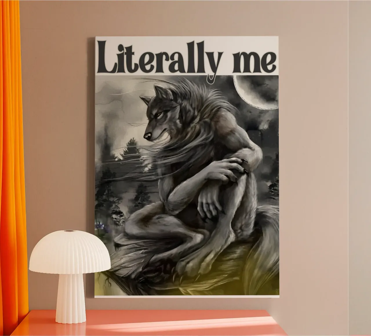 Zittende Wolf Meme Kunst Ontwerp canvas met Baklijst van kaiyaraiya
