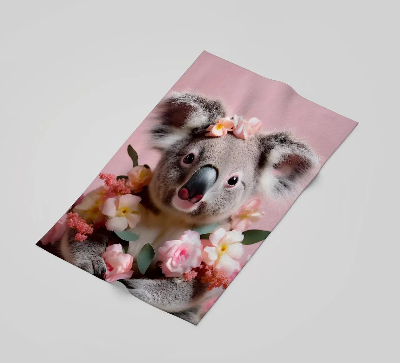 Liebenswerter Koala mit rosa Blumen in einem Pastelldesign Strandtuch von FlexiDesignsByK