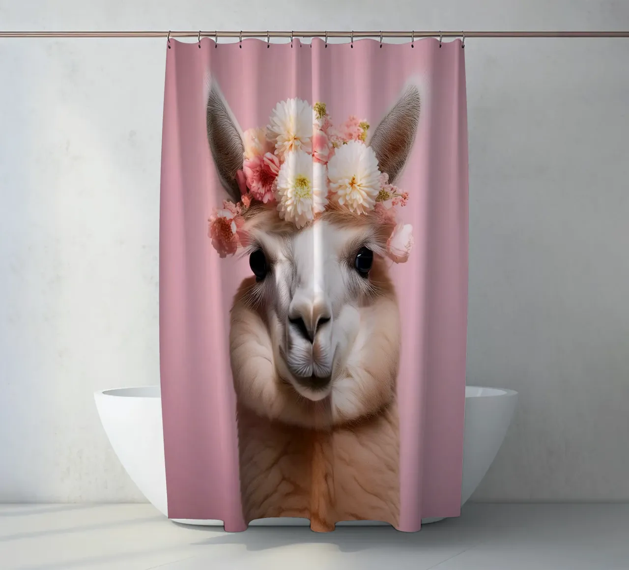 Lovely Llama with a Delicate Floral Crown Art Print shower curtain by FlexiDesignsByK