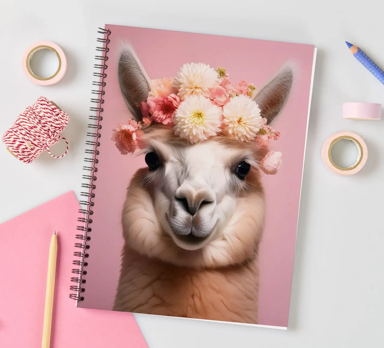 Lovely Llama with a Delicate Floral Crown Art Print spiral notebook by FlexiDesignsByK