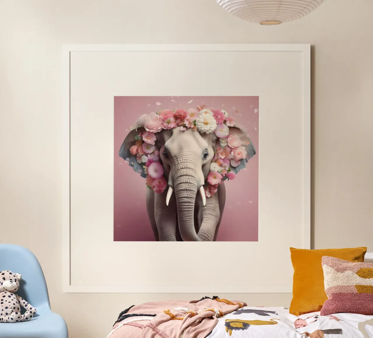 Graceful Elephant with Pink Floral Crown Artwork poster with aluminum frame by FlexiDesignsByK