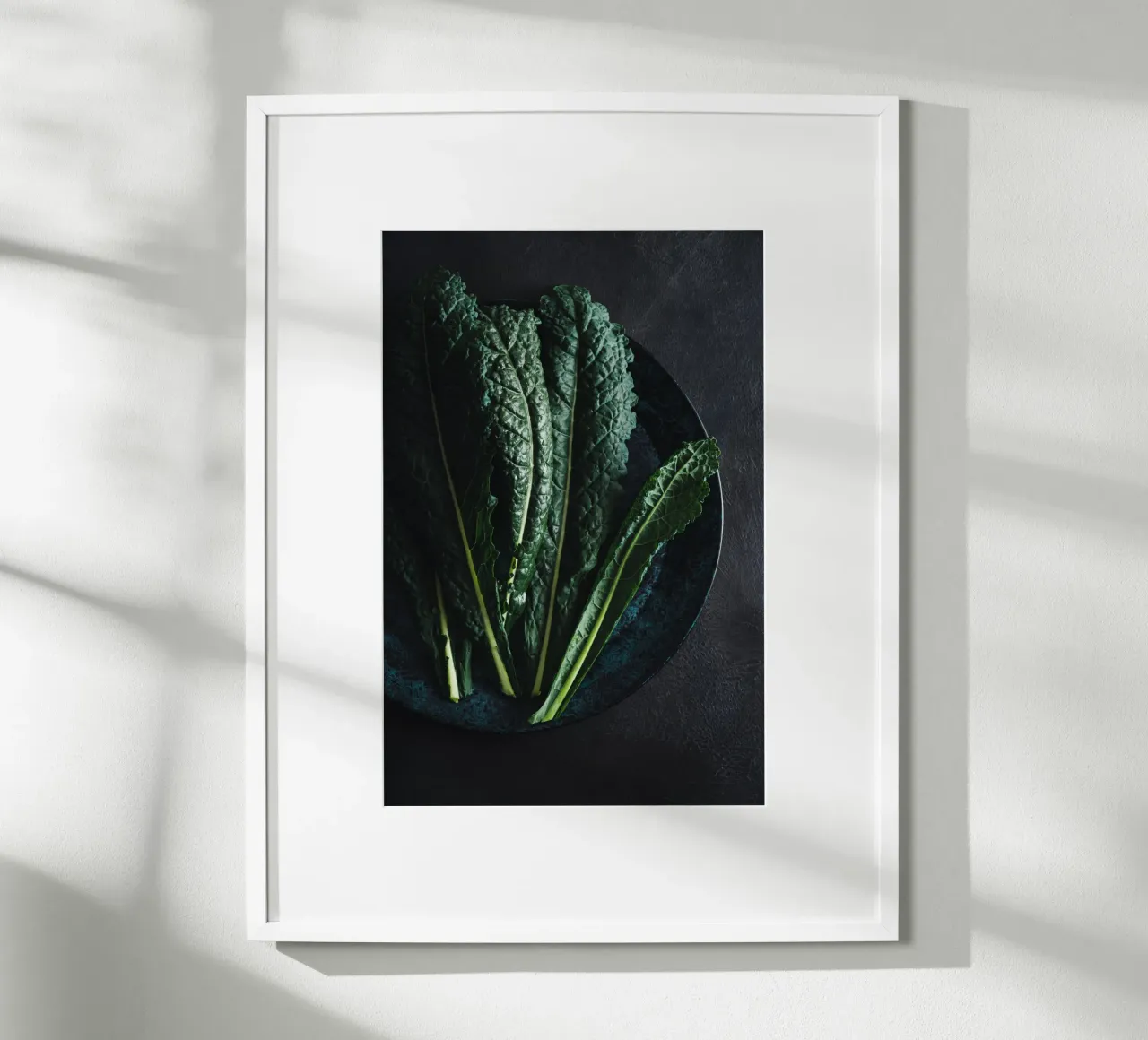 Foglie di cavolo riccio su un piatto di colore scuro carta hahnemühle da foodphotolove