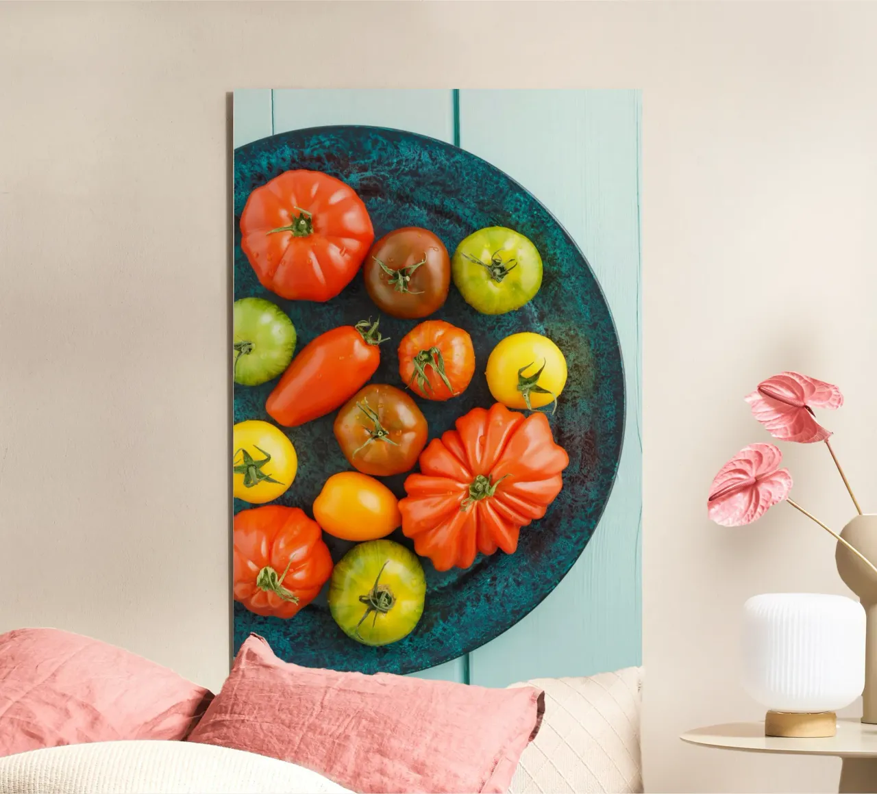 Different types of tomatoes on a rustic plate alu-dibond by foodphotolove