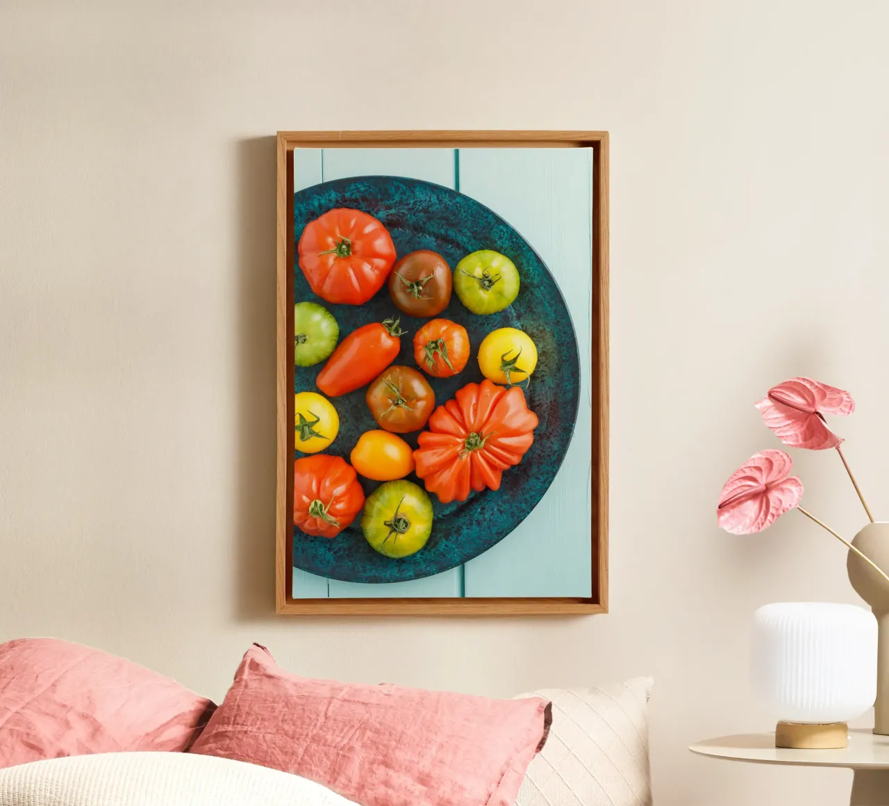 Different types of tomatoes on a rustic plate canvas by foodphotolove