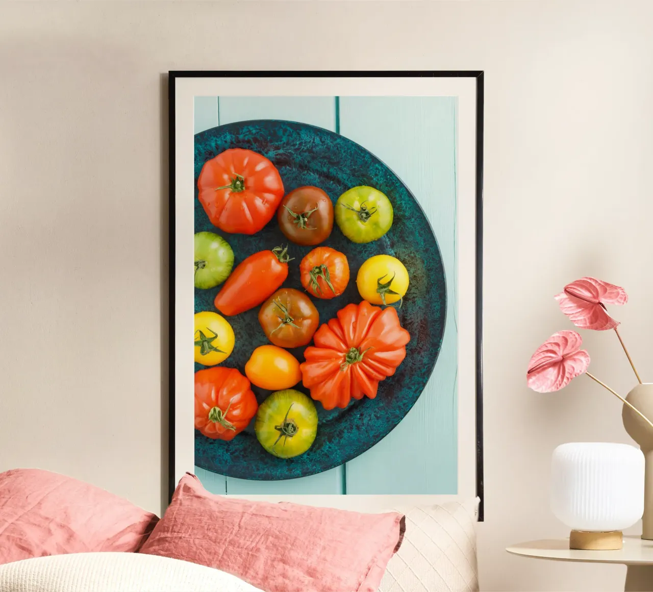 Different types of tomatoes on a rustic plate hahnemühle by foodphotolove