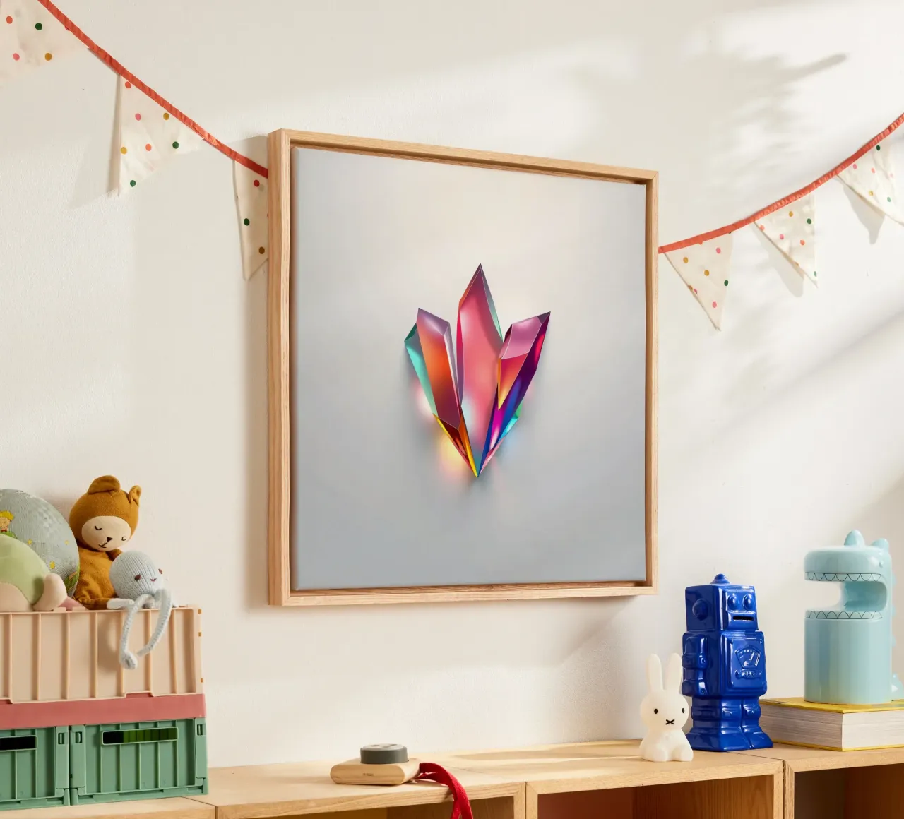 Kleurrijke kristalformaties gloeien op een witte achtergrond canvas met Baklijst van DesignDoodle