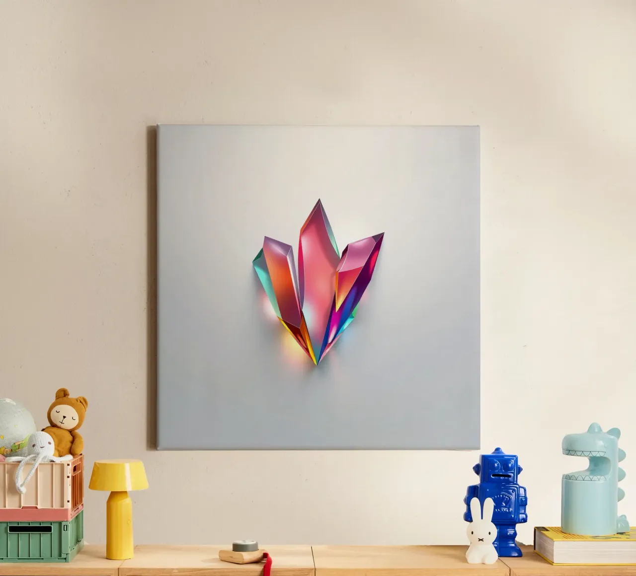 Kleurrijke kristalformaties gloeien op een witte achtergrond canvas met Baklijst van DesignDoodle